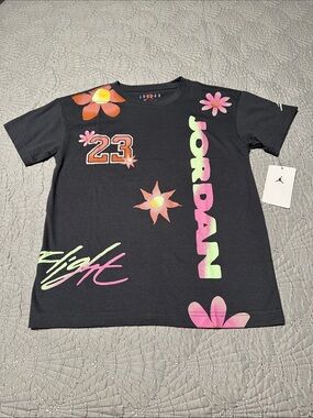 Jordan Girls Gray Floral '23 Graphic Tee with Neon Accents, NWT’s, Size Large